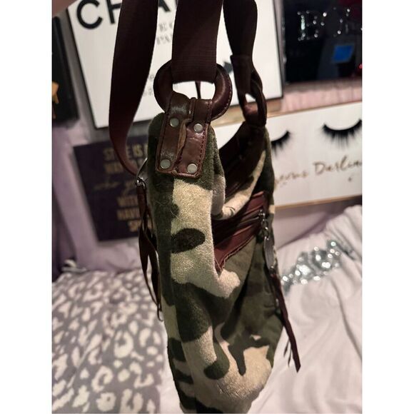 Vintage y2k green brown camouflage camo velour juicy couture crossbody purse